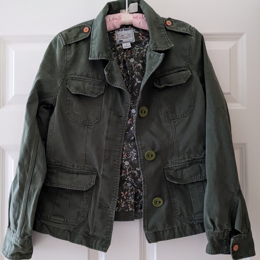 Old Navy jacket Olive Green military aesthetic M pockets distressing - Picture 2 of 10